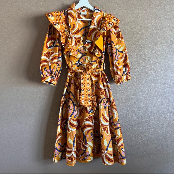 FARM Rio Dresses & Skirts - FARM Rio Yellow Palms Midi Ruffled Party Dress with Belt Size Small